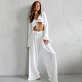 White two-piece knitted loungewear set with long sleeve crop top and wide leg pants - White