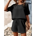 Ensemble noir en maille gaufre pour femme avec haut col rond et short à cordon - S / Haut Et Bas / Noir