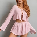 Conjunto de punto rosa claro con top de manga larga anudado y textura de rombos - S / Rosa