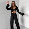 Women's two-piece black knit loungewear set with tie-front cardigan and wide-leg trousers - Black