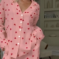 Rosa Damen-Schlafanzug-Set mit Herzprint aus strukturierter Baumwolle mit langen Ärmeln - S / Rosa