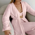 Cozy 3-piece pink knit lounge set featuring long cardigan, crop top, and wide-leg pants - S / Pink