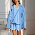 Light blue cotton long-sleeved pajamas set with stylish ruffle trim for women - S / Blue