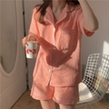Women's coral orange short sleeve gauze pajamas set with white piping and shorts - One Size / Orange