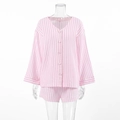 Set pigiama da donna in cotone a righe rosa con top a maniche lunghe a V e pantaloncini - S / Rosa