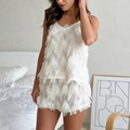 Ensemble de pyjama deux pièces blanc élégant avec caraco à franges et short assorti - S / Abricot