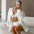 Three-piece white knit loungewear set with lace trim cardigan and shorts for women - S / White