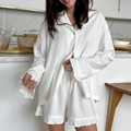 Women's white cotton long sleeve pajamas set with ruffled hem and button-down shirt - S / White