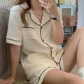 Women's cream short-sleeve gauze pajamas set with black trim and matching shorts - One Size / Apricot