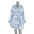 Blue and white floral satin robe with ruffle sleeves and waist tie for women - S / Blue