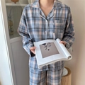 Couples blue and grey plaid cotton pajamas set with white piping and long sleeves - One Size / Gray Plaid Men 2XL