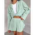 Dames pyjamaset in mintgroen met jacquardmotief, shirt met lange mouwen en korte broek - S / Groen