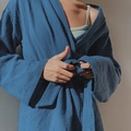 Navy blue cotton bathrobe with waffle texture and tie belt closure for women - S / Navy Blue (253g)