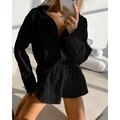 Ensemble de pyjama noir pour femme avec chemise à manches longues et short élastique - Noir