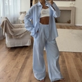 Women's blue and white striped long sleeve pajama set with oversized shirt and trousers - S / Blue
