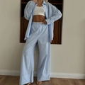 Women's 3-piece blue striped pajama set with long sleeve shirt, tank top and trousers - S / Blue