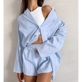 Comfortable light blue waffle textured long sleeve shirt and shorts loungewear set for women - Blue
