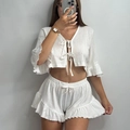Weißes zweiteiliges Strick-Pyjama-Set mit langärmligem Cardigan und Shorts mit Rüschensaum - S / Weiß