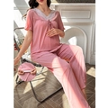 Rosa Umstandspyjama-Set mit V-Ausschnitt, Spitze und langer Hose für Damen - S / Rosa