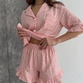 Set pigiama rosa leopardato da donna con camicia a maniche corte e pantaloncini a balze - S / Rosa (100% Cotone)