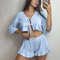 Hellblaues zweiteiliges Strick-Pyjama-Set mit Rüschen und Schleifen für Damen - S / Blau