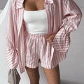 Ensemble trois pièces rayé rose pour femme avec chemise à manches longues et short - S / Rose