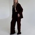 Set due pezzi donna marrone scuro in cotone e lino con cardigan e pantaloni larghi - S / Marrone
