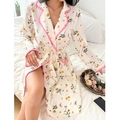 Floral long-sleeve women's robe with pink scalloped trim and belted waist design - S / White Floral