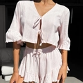 Hellrosa Strick-Lounge-Set mit Rüschenbesatz und Bindetop für Damen - S / Rosa