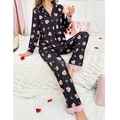 Ensemble pyjama noir pour femme à imprimé cœurs et dentelle rose douce et élégante - S / Noir Patchwork Rose