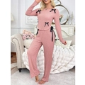 Pijama rosa de tela de burbujas con manga larga y detalles de lazos negros para mujer - S / Rosa Coral