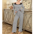 Detailed view of grey polka dot pajama set with lace trim and elegant flared sleeves - S / Top And Bottom / Gray