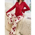 Women's burgundy lapel pajama set with floral pants and soft ribbed texture fabric - S / Top And Bottom / Two-Piece Set / Red