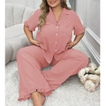 Women's plus size pajama set in pink textured fabric with ruffled hem and wide pants - 1XL / Pink