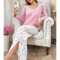 Women's pink V-neck lace pajamas set with floral pants and long sleeves loungewear - S / Top And Bottom / Pink
