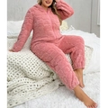 Rosa Fleece-Overall für Damen mit Herzprägung, Kapuze und Reißverschluss für den Winter - 1XL / Rosa