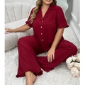 Detail of dark red pajama set featuring button-down collar and elegant ruffle trim edges - 1XL / Burgundy