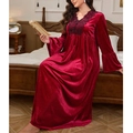 Vestido de dormir largo de terciopelo rojo vino con encaje en cuello V y mangas de campana - 0XL / Burdeos