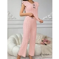 Pink sweet pajamas set with hollow-out lace texture and black bow tie accents - Pink