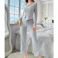 Set lounge da donna grigio a coste con top a maniche lunghe abbottonato e pantaloni larghi - S / Grigio chiaro
