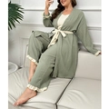 Driedelige loungeset met vest en broek van saliegroene geribbelde stof voor dames - 3XL / Groen