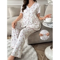 Set pigiama a fiori con scollo a V e pantaloni con volant per abbigliamento casa - S / Rosa