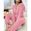 Close-up of plush pink hooded long sleeve romper with soft warm fleece texture - S / Top And Bottom / Hot Pink