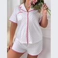 Pyjama femme grande taille imprimé cœurs avec haut à manches courtes et short festonné - 1XL / Style Cœur Blanc