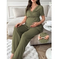 Detail of adjustable waist buckle on olive green lace maternity loungewear set - Army Green