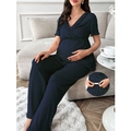 Detail of adjustable waist button on navy V-neck maternity loungewear set - Sapphire Blue