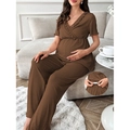 Detail of adjustable waist elastic on brown ribbed V-neck maternity lounge set - Coffee Brown
