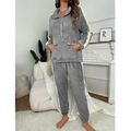 Thick warm plush pajama set for women with grey zip-up collar top and striped pants - S / Light Gray