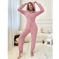 Vue détaillée du pyjama grenouillère rose en peluche avec capuche oreilles et fermeture éclair - Rose