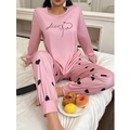 Pigiama rosa da donna con stampa a cuori, top a maniche lunghe Love You e pantaloni set - S / Rosa
